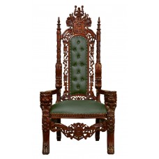 Throne Chair - Lion King - Solid Mahogany Frame Upholstered in Faux Green Leather